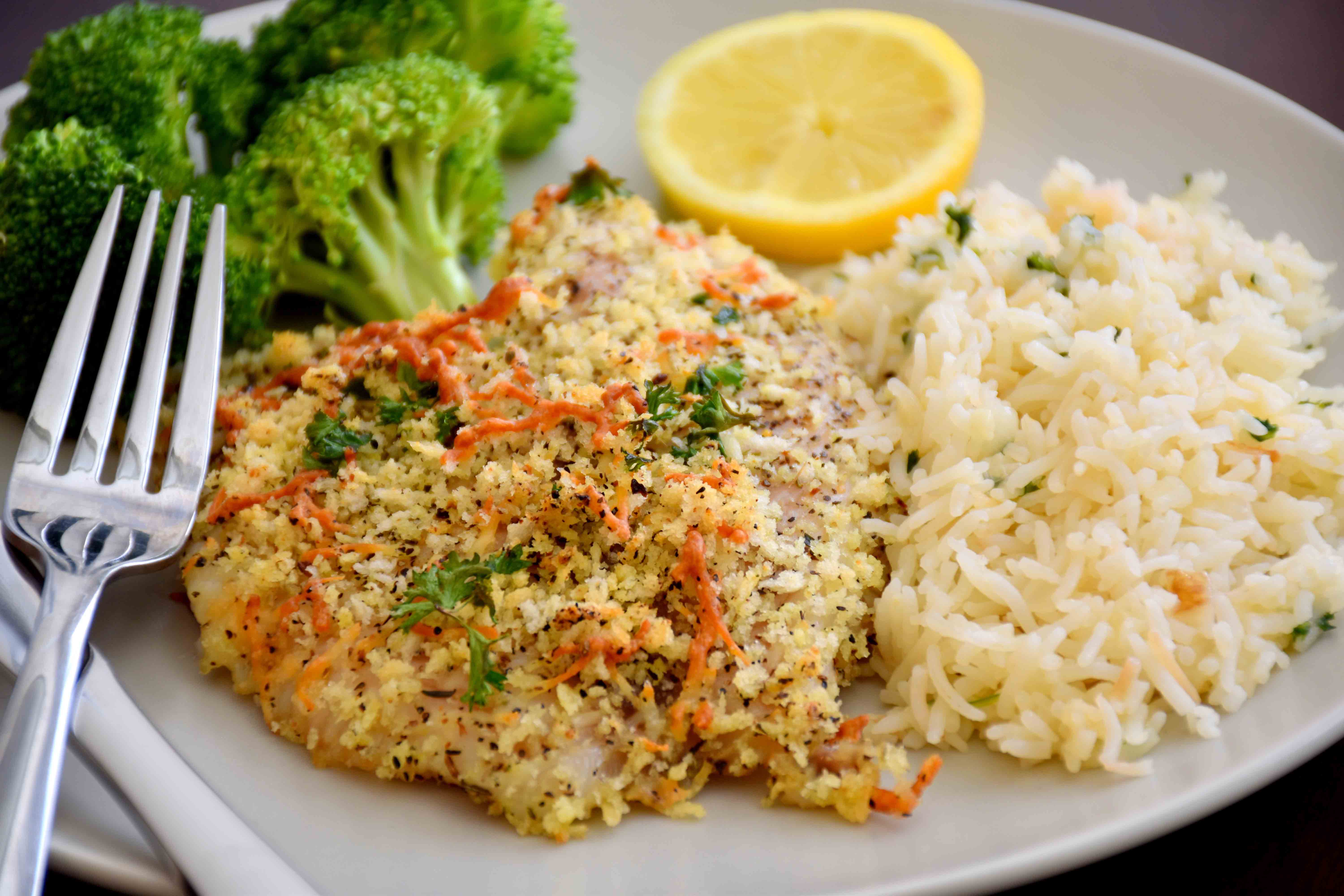 Baked Parmesan Crusted Tilapia with Rice Pilaf and Broccoli - Pepper